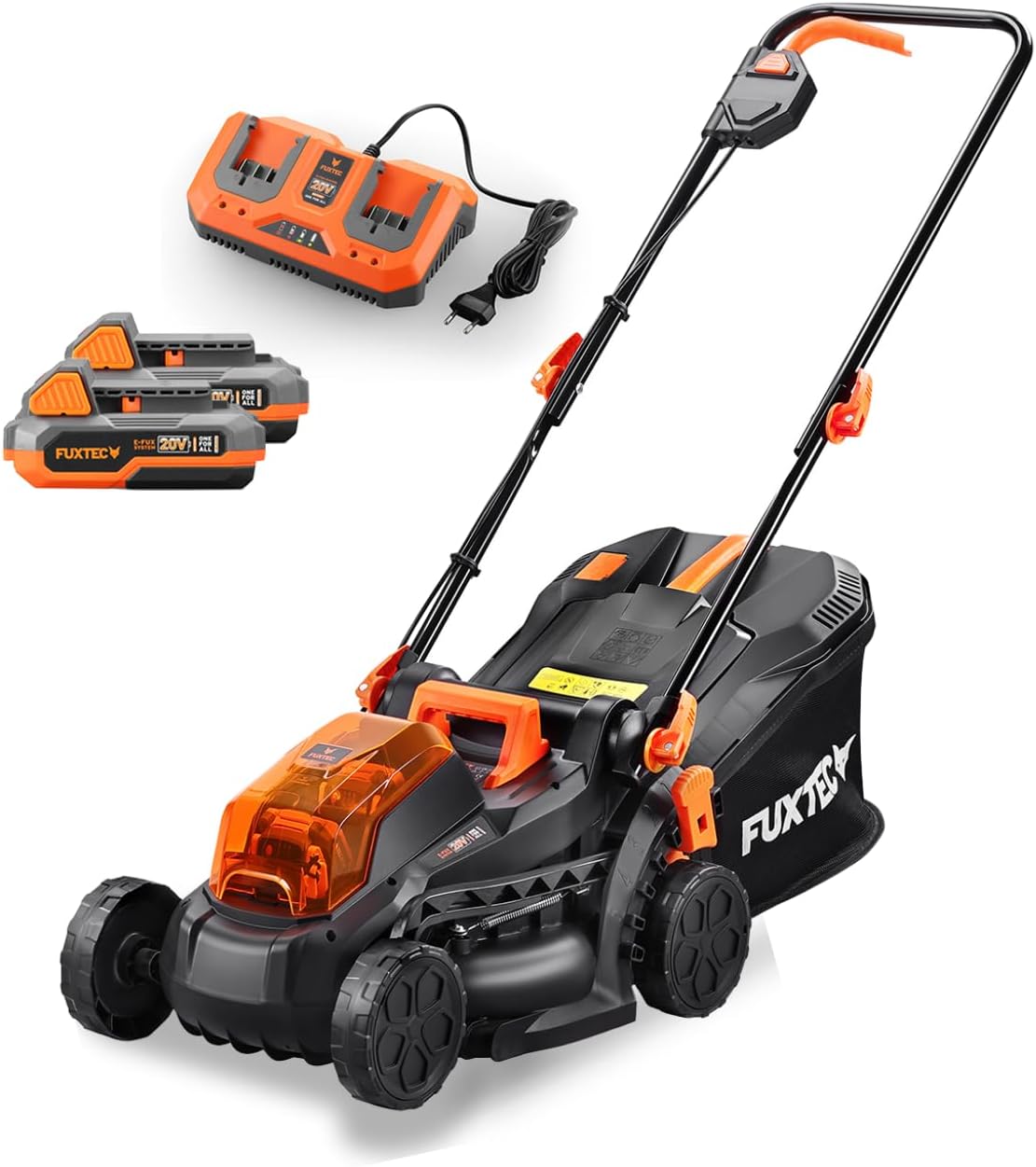 FUXTEC FX-E1RM20-SET Akku-Rasenmäher, 40 V mit 2 × 20 V/2 Ah, 33 cm Schnittbreite, 25–65 mm, 35-l-Fangkorb, Schnellladegerät
