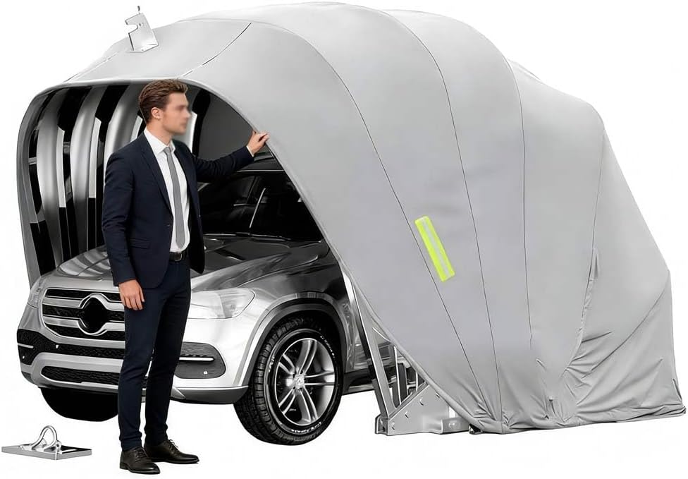Allwetterfester Carport Tisch, Mobile Edelstahl Faltgarage, Grau 5.9 × 2.7 × 2.45 M