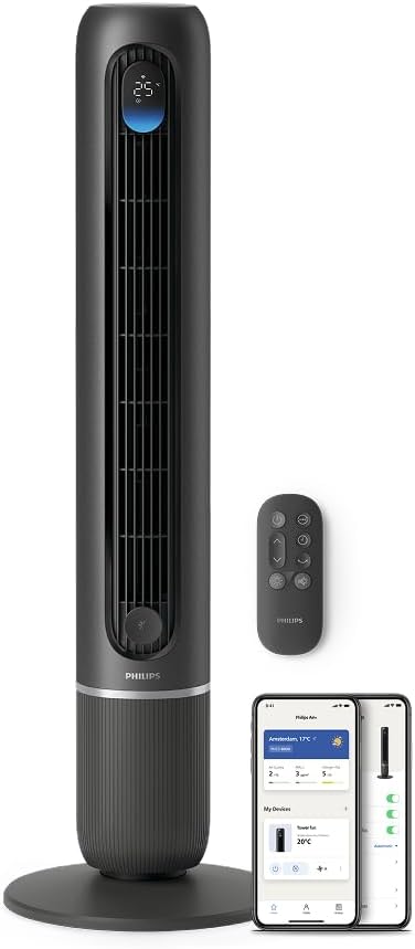 Philips Smarter Turmventilator, leiser Betrieb 22 dB, App & Fernbedienung, Wlan, 12-h Timer, 80 Oszillation (CX7550/01), App-Steuerung, 12 Stufen