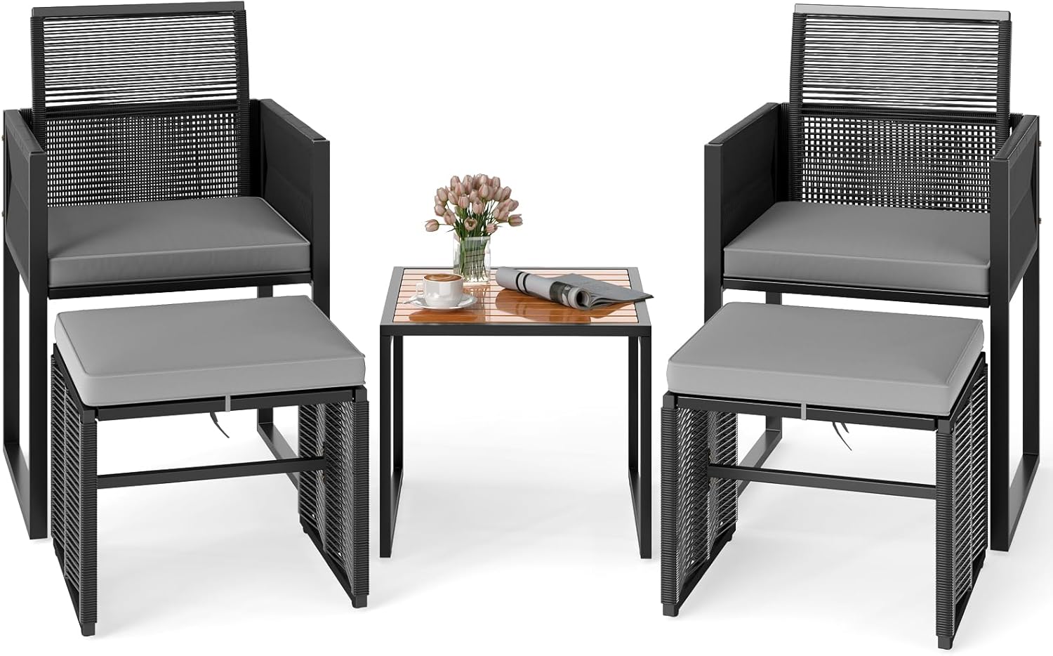 COSTWAY 5tlg. Rattan Gartenmöbel, Stauraum, Balkonset inkl. 2 Stühle mit Kissen, platzsparendes Gartenset mit klappbarer Rückenlehne