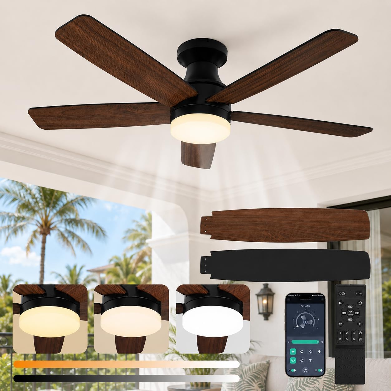 Smarter Deckenventilator, 30 dB Leiser DC Motor DeckenleuchteDimmbare LED, App & Fernbedienung, App-Steuerung, 3 Farbtemperaturen, 6 Stufen