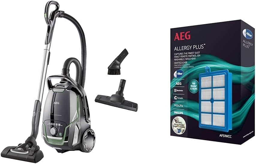 AEG VX9-2-ÖKO Staubsauger, 5 l/schwarz/grün & AFS1 W Allergy Plus Filter ( für Allergiker, 850 Watt/nur 65 dB(A), 12 m, Filterwirkung mehr als 99%