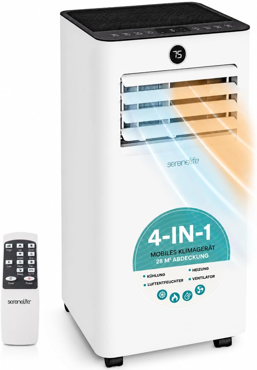 SereneLife Klimaanlage, 7000 BTU, 54 dB, Fernbedienung 24h-Timer, Display, 4 in 1 Kühlen Heizen Entfeuchten und Ventilieren